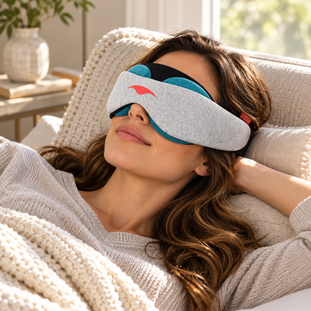 Manta COOL Sleep Mask worn in a realistic everyday setting