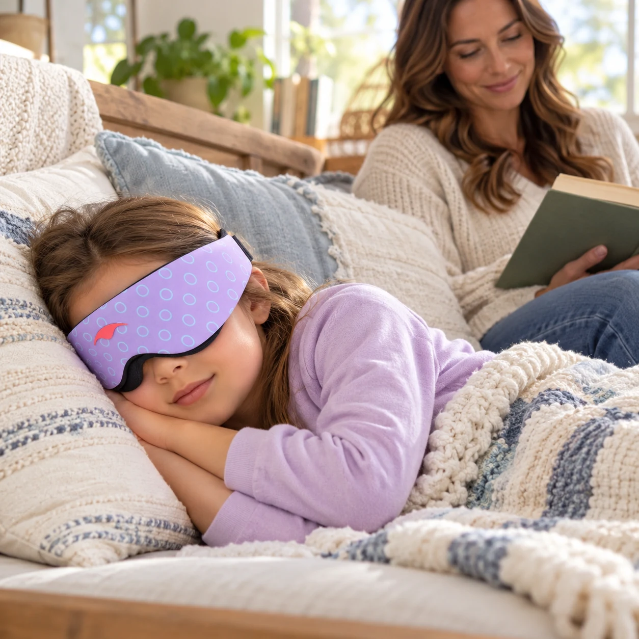Manta KIDS Sleep Mask worn in a realistic everyday setting