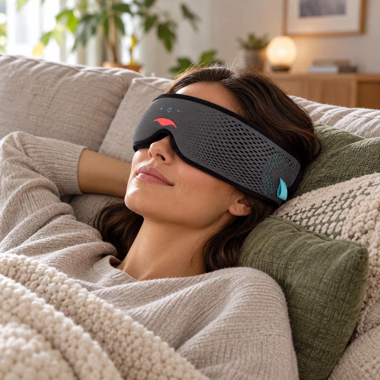 Manta SOUND Sleep Mask (NEW Gen) worn in a realistic everyday setting