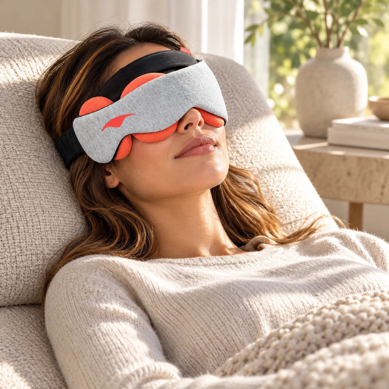 Manta STEAM Sleep Mask worn in a realistic everyday setting